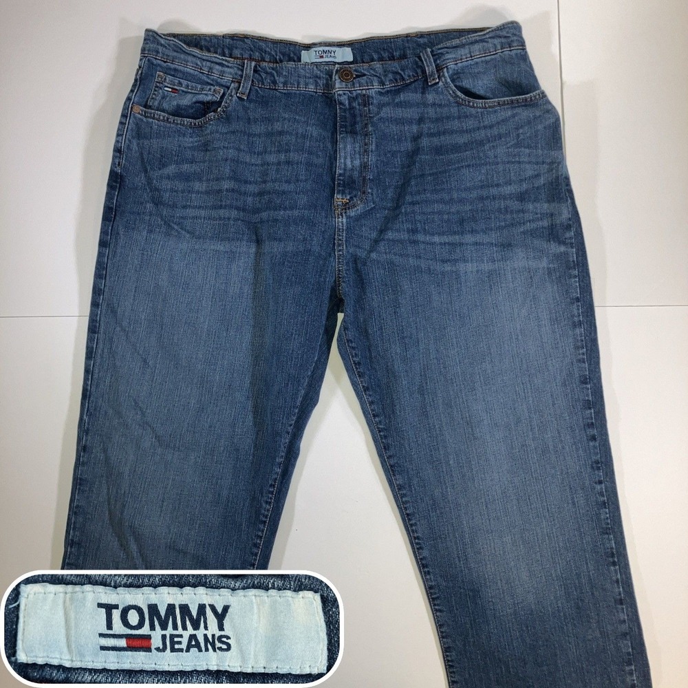 Tommy Hilfiger Jeans Mens 42x30 Relaxed Straight Blue Denim Stretch Jeans